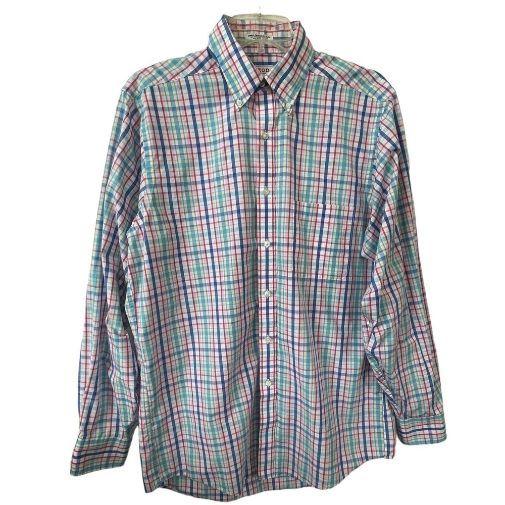 Mens Izod Wrinkle Free Twill Blue Pink Checked Long Sleeve Button 15 1/2 34/35